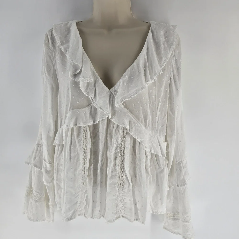 American Eagle White Swiss Dot Ruffle‎ Lace Boho Blouse Top Small - Picture 2 of 8